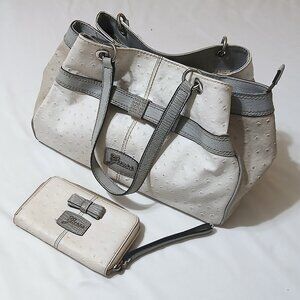 Guess Satchel Handbag & Matching Wallet Set Cream White Textured Faux Leather Pu